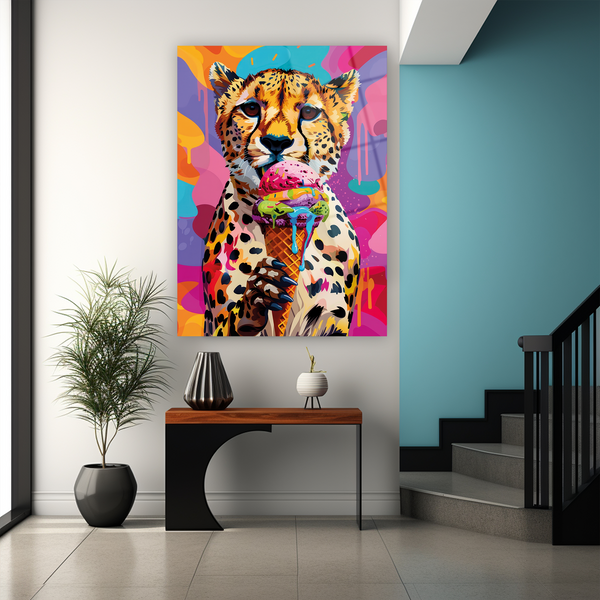 Cheetah cam tablo, pop art dondurma renkli tasarım modern duvar dekorasyonu ürünü