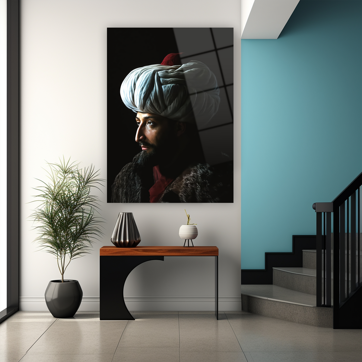 Profil cam tablo Fatih Sultan Mehmet, beyaz sarık Osmanlı tasarım duvar dekorasyonu ürünü
