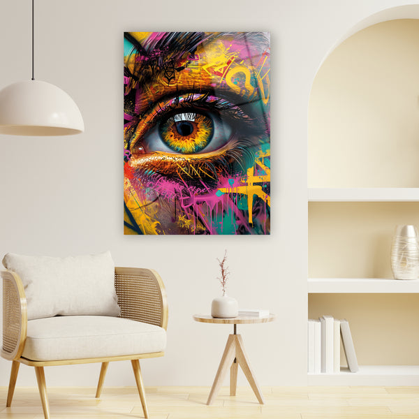 Pop art cam tablo, göz portresi renkli grafiti turuncu tasarım duvar dekorasyonu ürünü