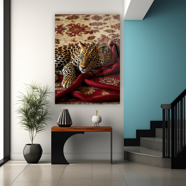 Leopar cam tablo, kırmızı halı altın Osmanlı motif tasarım duvar dekorasyonu ürünü